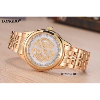 นาฬิกาข้อมือชาย LONGBO เครื่องญี่ปุ่นสายและเรือนสแตนเลส2กษัตริย์2ไมครอน ระบบQuartz Analog กันน้ำ หน้าปัดลายมังกรคู่กิเลน