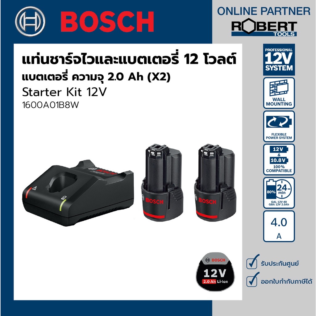 Bosch รุ่น Starter Kit 12V ชุดแท่นชาร์จเร็ว + แบตเตอรี่ 12โวลต์ ความจุ 2.0 Ah (2 ก้อน) + GAL12V-40 (