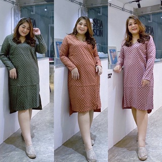 Size up เดรส สาวอวบ Dress แขนยาวคอวี อก 46” ลายจุด Bigsize Oversize