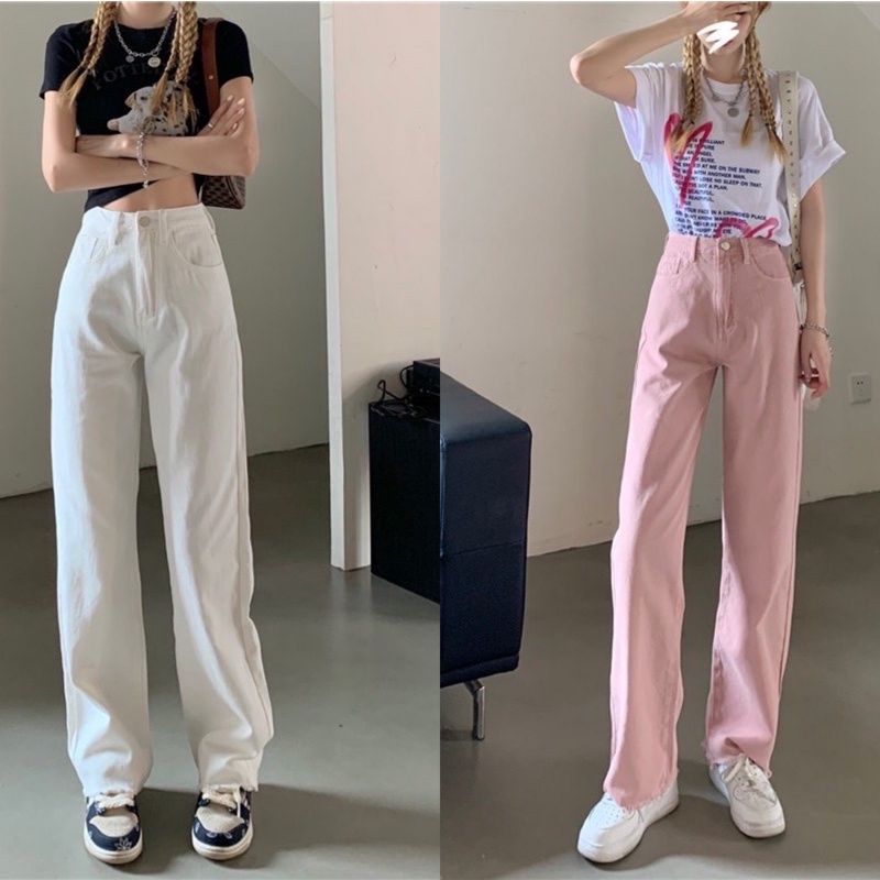 Fashion กางเกงยีนส์ชมพู สไตล์มินิมอล ทรงขากระบอก ผ้าหนา เนื้อผ้าดีระบายอากาศใส่สบาย 牛仔 / C70/