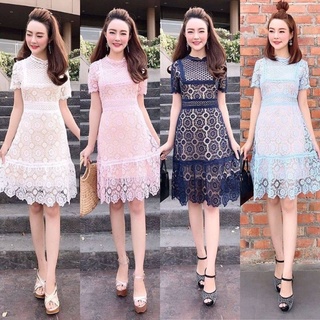 เดรสลูกไม้สั้นมี4สี!!! S-XL Mini Dress เดรสลูกไม้สีกรมแขนสั้นสไตล์SPT งานป้าย Love Love