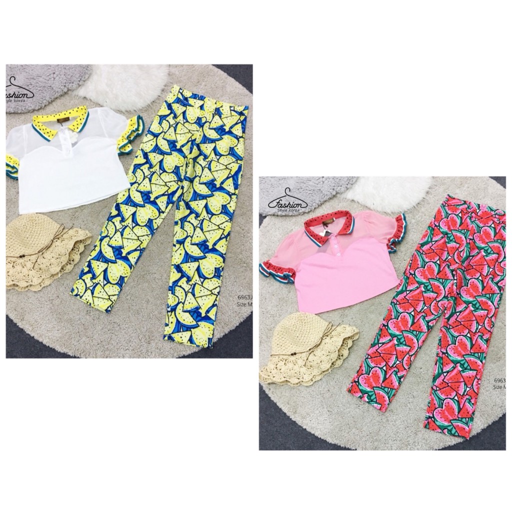 BRT  🍉พร้อมส่ง🍉 Set 2 ชิ้น เสื้อครอปตัวสั้น ผ้าคอตตอนตัวต่อชีฟอง แขนระบาย + กางเกงขายาว ทรงเอวสูง พิ