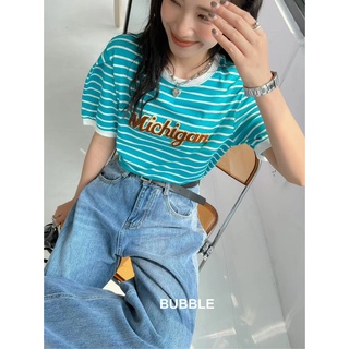เสื้อยืดผ้าคอตตอนแต่งอักษร MICHIGAN STRIPED GATHERED SLEEVE TOPS