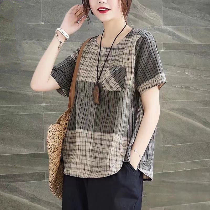 สื้อผ้าแฟชั่นผู้หญิง  เสื้อเชิ๊ต แขนสั้นผ้าฝ้ายและลินิน ลายสก๊อต ทรงหลวม สไตล์จีน