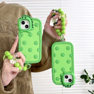 เคสซิลิโคนนิ่ม ลายการ์ตูนไดโนเสาร์ 3D พร้อมสร้อยข้อมือ สําหรับ iPhone 14 Pro MAX 14 PLUS 14 13 Pro MAX 12 Pro MAX 11 Pro MAX