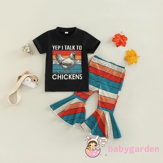 Babygarden-6 เดือน - 4 ปี เด็กผู้หญิง ฤดูร้อน ชุด 2 ชิ้น แขนสั้น สีดํา พิมพ์ลายไก่ เสื้อ + กางเกงขาบาน ลายทาง