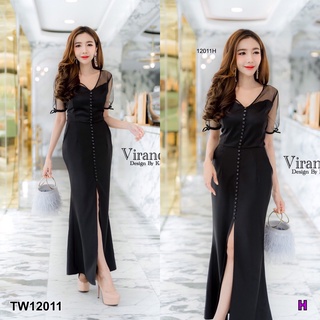 TW12011 Maxi Dress เดรสยาวสีพื้นเนื้อผ้าซาร่า ช่วงไหล่เป็นผ้ามุ้งซีทรู แต่งกระดุมเรียงด้านหน้า ชายกระโปรงผ่าด้านหน้า