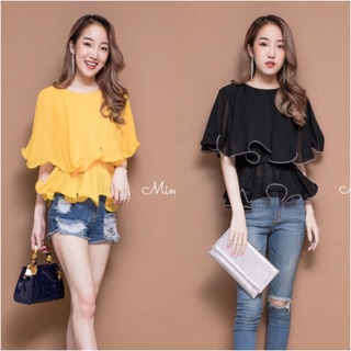 MN264🌹Layer Blouse เสื้อคอกลมแต่งระบาย