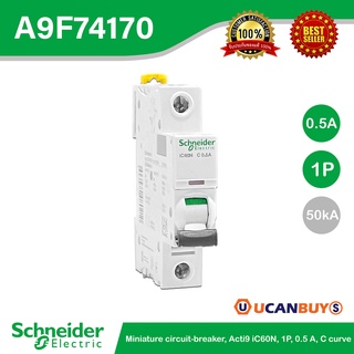 Schneider A9F74170 Miniature circuit-breaker, Acti9 iC60N, 1P, 0.5 A, C curve, 6000 A (IEC 60898-1), 50 kA (IEC 60947-2)