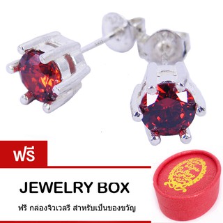 Tips Gallery ต่างหูเงินแท้ 925 หุ้ม ทองคำขาว เพชร CZ Red Ruby 5 MM รุ่น Diamond solitaire design TES354