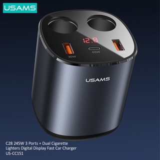 Usams C28 รุ่นใหม่ จอแสดงผลดิจิทัล 245W ที่ชาร์จในรถยนต์ USB Type C 3 พอร์ต และบุหรี่คู่ PD QC ชาร์จเร็ว