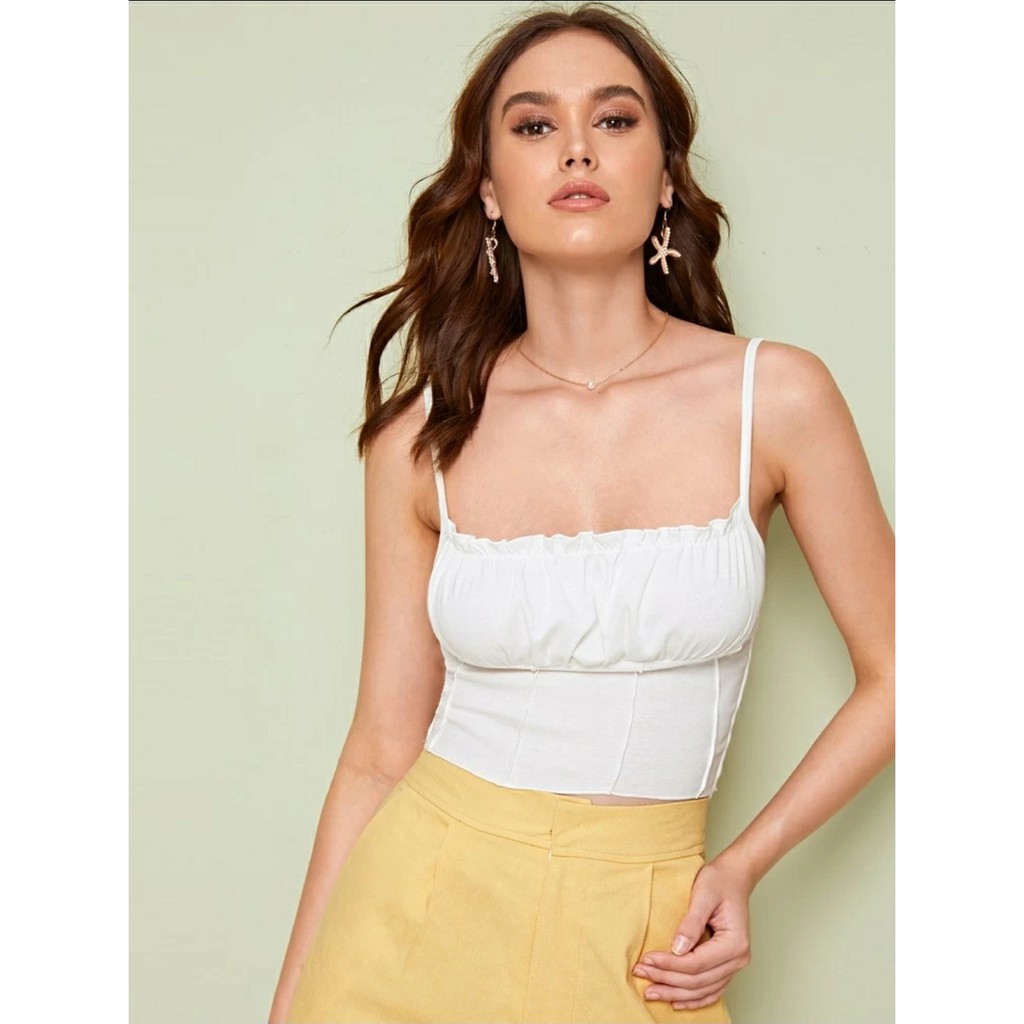 Piping Lettuce-edge Cropped Cami Top เสื้อสายเดี่ยวผ้าถักแบบยืดที่มีขอบ