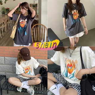 Shein🔥เสื้อยืดแขนสั้นพิมพ์ลาย เสื้อยืดสาวอวบแฟชั่น  oversize เสื้อแฟชั่นสไตล์เกาหลีน่ารัก 2324