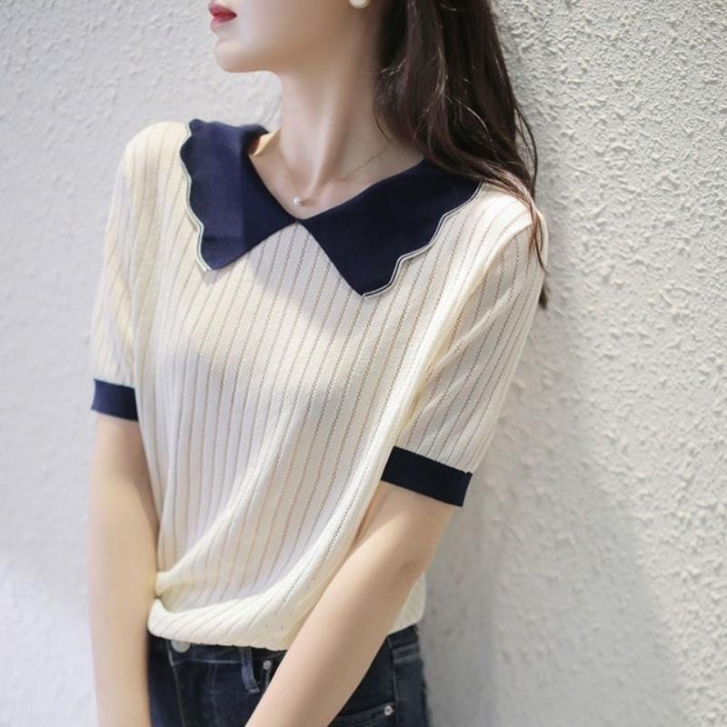 สื้อผ้าแฟชั่นผู้หญิง เสื้อเชิ๊ต แขนสั้น คอปกตุ๊กตา สวยๆ ไม่แก่ ทรงหลวม สไตล์เกาหลี