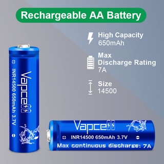 Vapcell INR 14500 650mah 7A ถ่านชาร์จ14500 3.7V ( ซื้อ 4 ก้อนมีกล่องให้ )