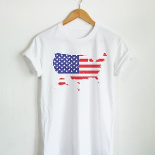 แผนที่อเมริกา ลายธงชาติอเมริกา USA United States of America Map Flag เสื้อยืด เสื้อยืดสกรีน คอกลม แขนสั้น