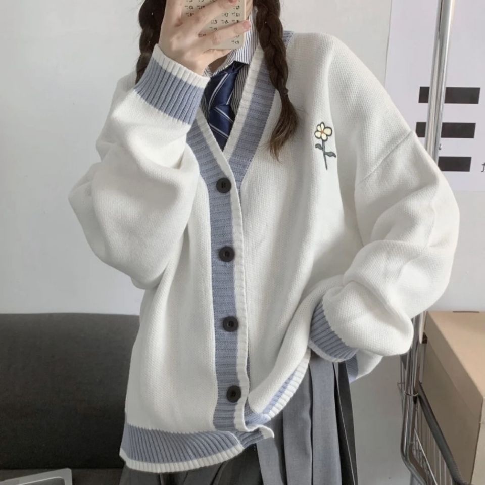 เสื้อคาร์ดิแกนเกาหลีหลวมคอวีสี เจเค เสื้อสเวตเตอร์ถักนักเรียนหญิง