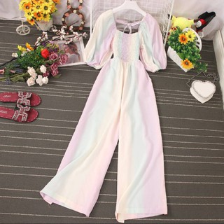 #Diversion 9081 จัมสูท ผ้า silk Italy  พิมลายเรนโบพลาสเทล เกรดเอ ยิงยางสม๊อกช่วงตัว หน้า-หลัง มีสายผูกโบว์น่ารักด้านหลัง