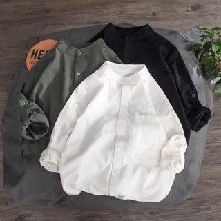 "สินค้าพร้อมส่ง"เสื้อเชิ้ตลินินคอจีนแขนยาวผู้ชายสีพื้น เนื้อผ้าสวมใส่สบาย รูปทรงทันสมัยสไตล์เกาหลี เหมาะสำหรับวัยรุ่น