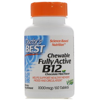 Doctors Best, Chewable Fully Active B12, Chocolate Mint, 1,000 mcg, 60 Tablets