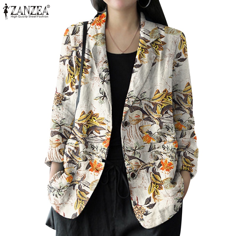 Zanzea เสื้อสูทผ้าฝ้าย แขนยาว ติดกระดุม พิมพ์ลายดอกไม้ แฟชั่นสตรี