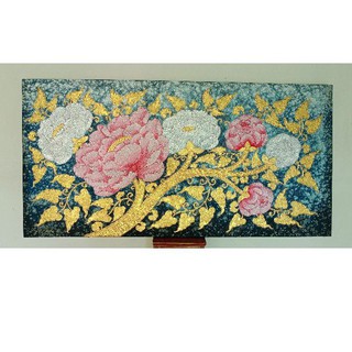 ภาพวาดดอกโบตั๋นพื้นสีน้ำเงินขนาด60×120cm