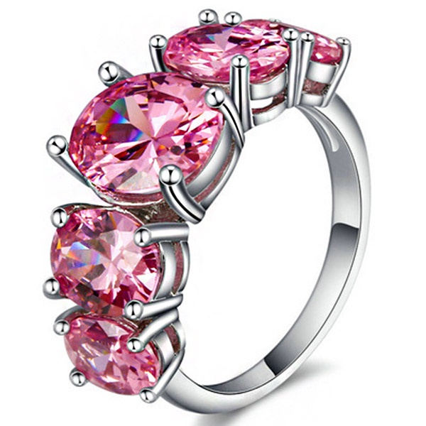 ZHOUYANG แหวนสำหรับผู้หญิงสุดหรูสาวผงรูปไข่สีชมพู Cubic Zirconia สีเงินแต่งงานหมั้นของขวัญเครื่องประดับแฟชั่น R558