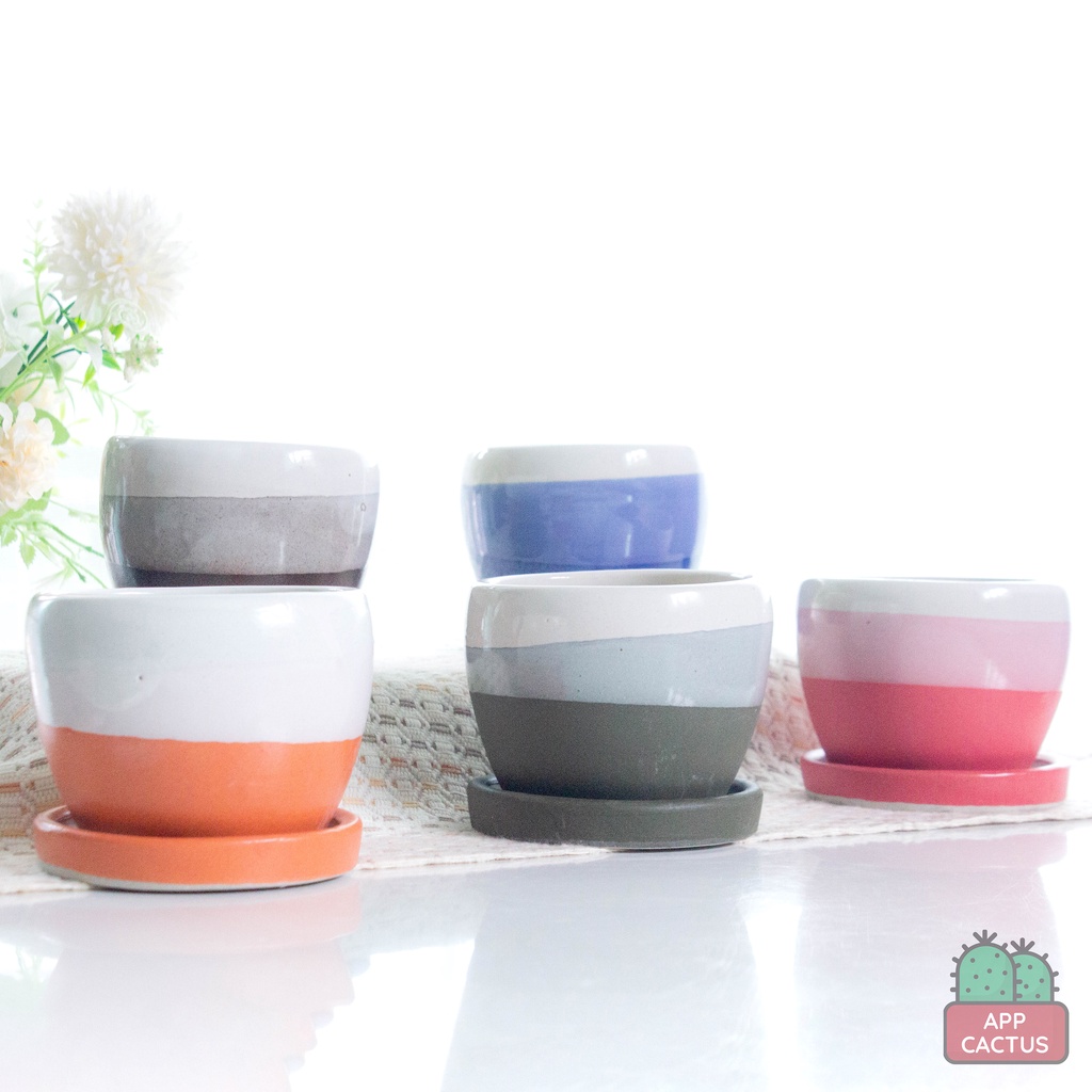 กระถาง เซรามิก เคลือบสีสดสใส พร้อมจานรอง 3.7 นิ้ว เกรด A เซรามิค กระถางแคคตัส กระถางกระบองเพชร สไตล์มินิมอล โมเดิร์น