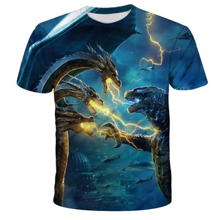 เสื้อยืดแขนสั้นพิมพ์ลาย Godzilla 3 มิติฤดูร้อนสําหรับเด็ก 4-14 ปี