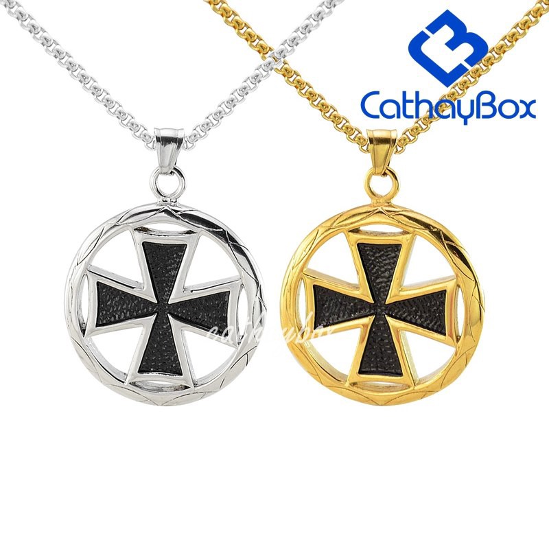 Silver Stainless Steel Round Templar Cross Pearl Pendant 24/" 60cm Chain Necklace