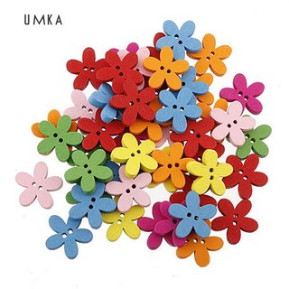 ☆Sl 100Pcs Mixed Color Flower 2 Holes Wooden Sew Craft Scrapbook DIY Buttons