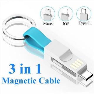 Portable Magnetic 3 in 1 Adapter Micro USB Type C Cable Charger Charging 2A Mini Keychain