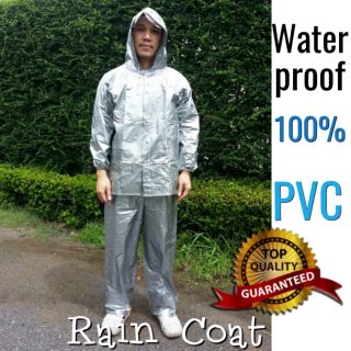 ชุดกันฝน เสื้อและกางเกงกันฝน Classic PVCผ้ามุก เสื้อ+กางเกง แขนจั๊มกันน้ำเข้า ขนาดฟรีไซส์ กันน้ำ100 %(สีบรอนซ์เงิน)