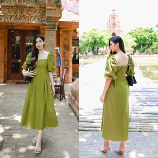 MASS Fashion : ชุดเดรสยาวแขนทรงตุ๊กตาสีเขียวใบตอง Dress - Green Pickle Puffy Sleeve