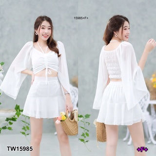 TW15985 set 2 ชิ้น เสื้อรูดอกชีฟองแขนยาว แขนผ่า มียางยืดสม็อคหลัง  + กระโปรงสั้น ชายระบาย มีซับในกางเกง เนื้อผ้าชีฟอง