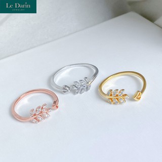 Le Darin แหวนเงินแท้925 ลายใบมะกอกเล็กปลายอีกด้านเป็นรูปหัวใจ ประดับยเพชรเม็ดละเอียด ตัวเรือนชุบด้วยทองคำขาวเกรดพรีเมียม