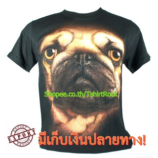 เสื้อลาย หน้าสุนัข ปั๊ก Pug Dog เต็มหน้า เสื้อยืดสีดำ สกรีนหน้าหลัง ไซร์ยุโรป