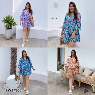 TwinsShopVip💗พร้อมส่ง TW17300 เดรส #Bigsize แขนสั้นระบาย พิมลาย