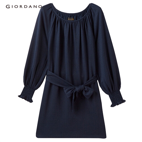 GIORDANO WOMEN Lace-up crewneck long-sleeve dress 05467613