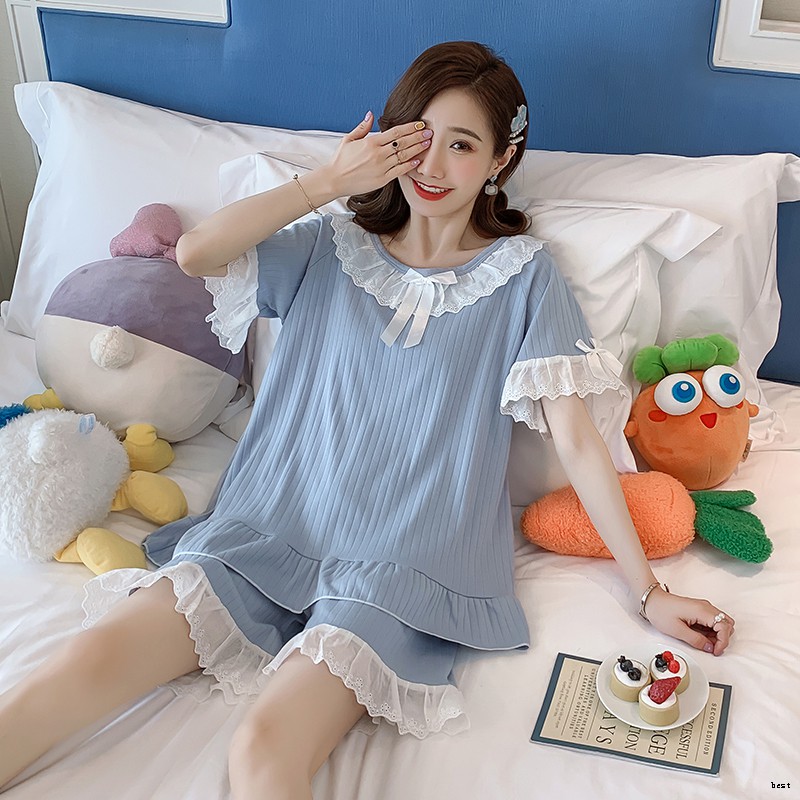 ชุดนอนแขนสั้น ผ้าฝ้าย แบบบาง แต่งลูกไม้น่ารัก แฟชั่นฤดูร้อน สไตล์เจ้า ...