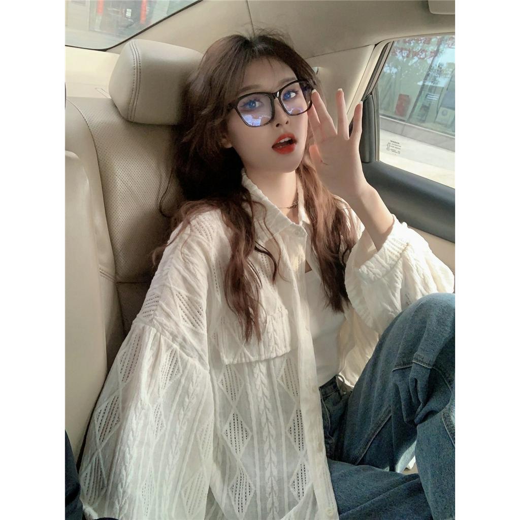 มาใหม่PB2993เสื้อเชิ้ตผ้าลูกไม้คอปกแขนยาวผู้หญิงสีทึบ oversize เสื้อแฟชั่นเซ็กซี่สไตล์เกาหลี เพื่อป้องกันแสงแดด