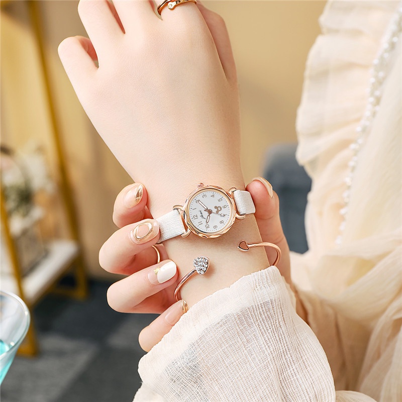 นาฬิกาข้อมือควอตซ์ลําลอง สายหนัง ลายมิกกี้เมาส์ แฟชั่นสําหรับผู้หญิง