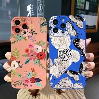 เคสโทรศัพท์มือถือ ขอบสี่เหลี่ยม ป้องกันเต็มเลนส์ ลายผีเสื้อ ดอกไม้ สําหรับ Samsung Galaxy A33 A53 A73 5G A32 A52S A72 A31 A41 A71