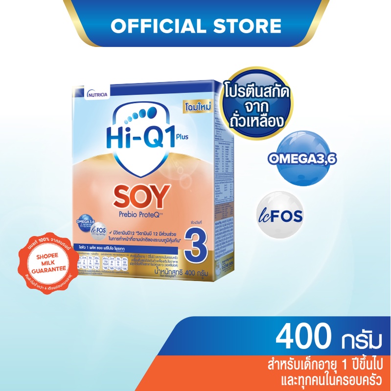 PROMOTION  Hi-Q Soy นมผง ไฮคิว 1 พลัส ซอย พรีไบโอโพรเทก 400 กรัม (นมสูตรเฉพาะ ช่วงวัยที่ 3)  เก็บเงินปลายทาง