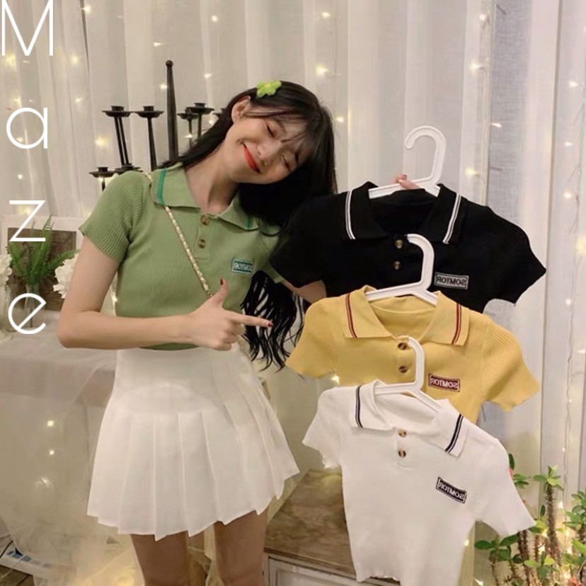 [Maze] ใหม่แฟชั่นเกาหลีสุภาพสตรีเสื้อยืดปกแขนสั้นเสื้อยืดเกาหลีสลิมสั้น 4963#