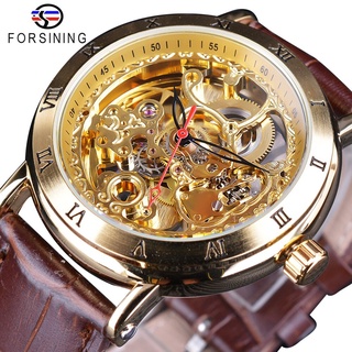 Forsining Retro Roman Number Brown Leather Royal Flower Mechanical Skeleton Transparent Mens Automatic Watches Top Brand