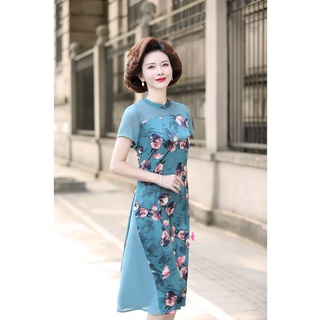 ชุดเดรส    ;ชุดกระโปรง❉№♕Mom ชุดฤดูร้อนผู้หญิงชีฟองแขนสั้นปรับปรุง cheongsam กระโปรง 2022 ใหม่วัยกลางคนและผู้สูงอายุกระโ