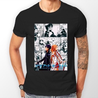 ㏘㏂※เสื้อยืดลายการ์ตูน Sword Art Online Kirito Asuna Manga Sao สําหรับผู้ชายและผู้หญิงเสื้อยืด เสื้อคนอ้วน