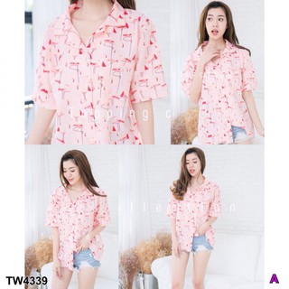 TW4339 เสื้อเชิ้ตแขนสั้น ลายนก Flamingo