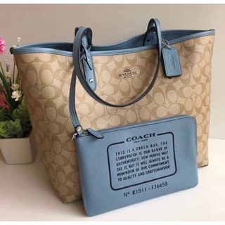 COACH Signature Reversible City Tote Bag Pouch in  Karki blue